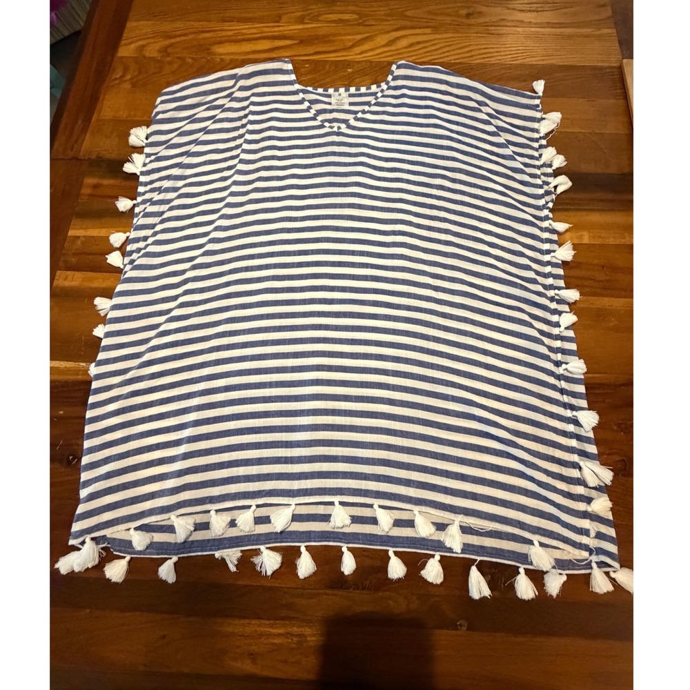 Snapper Rock Girls Blue White Striped Tassel Kaftan Beach Cover Up Size 14-16Y